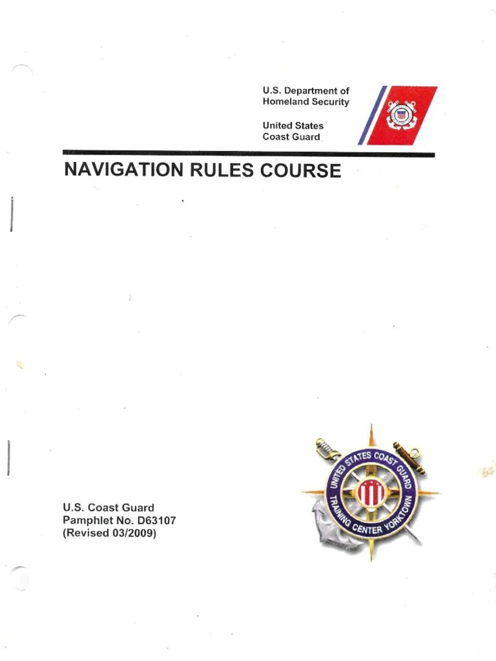 Coast Guard Navigation Rules Course Pamphlet No. D63107 2009 self testing
